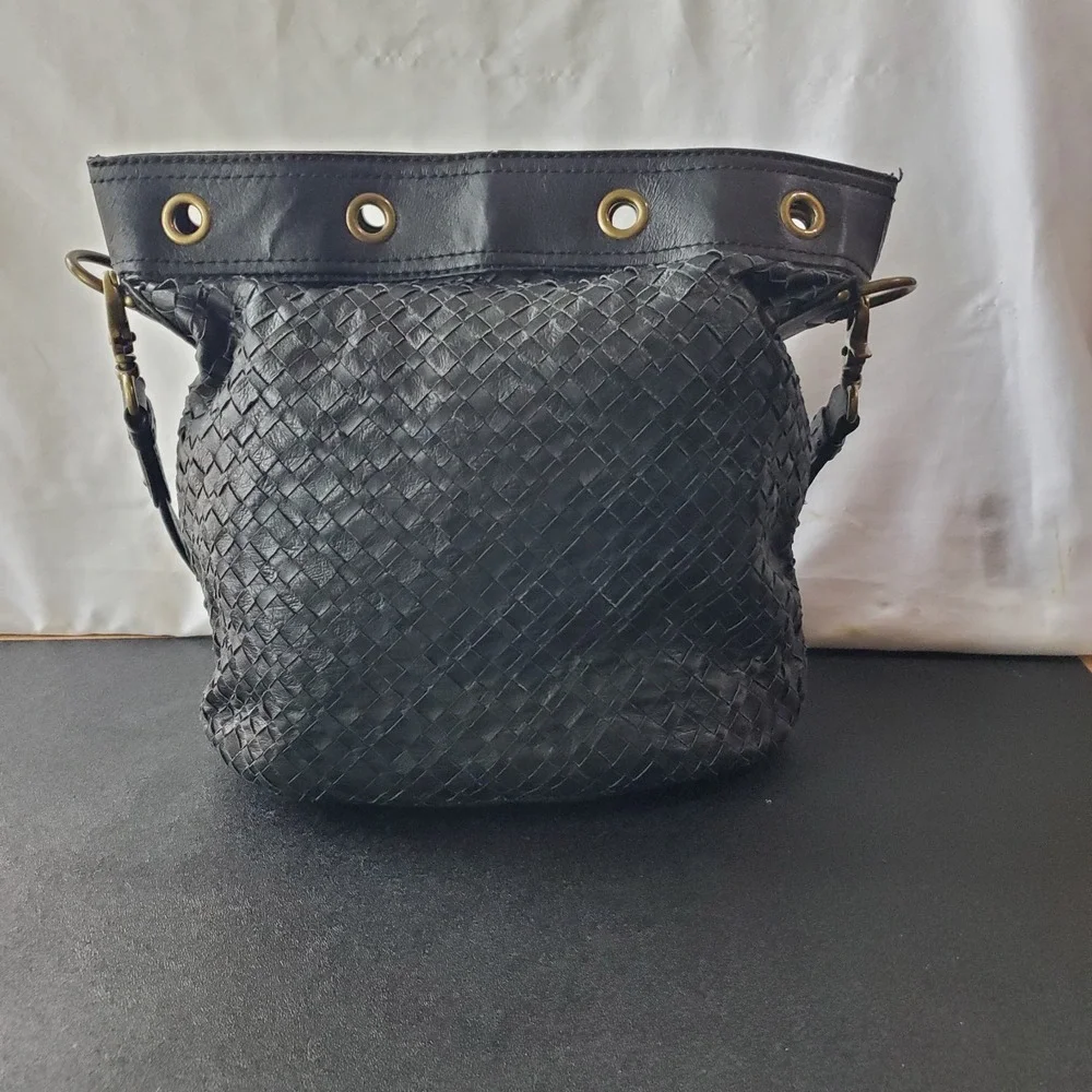 Elliott Lucca Black Leather Braided Bucket Tote Hobo Shoulder Bag Satchel Vtg